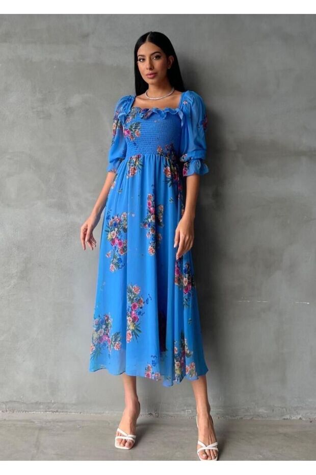 Women's Blue Chiffon Fabric Lined Square Neck Dress