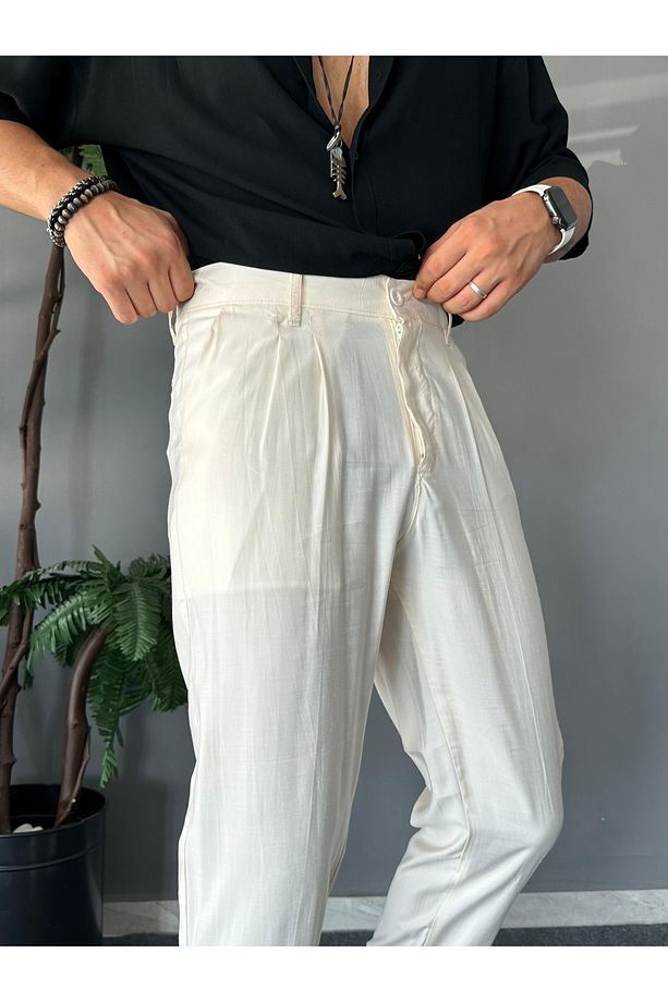 Basic Kumaş Krem Pantolon - 4