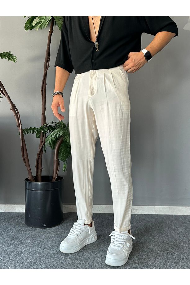 Basic Kumaş Krem Pantolon - 2