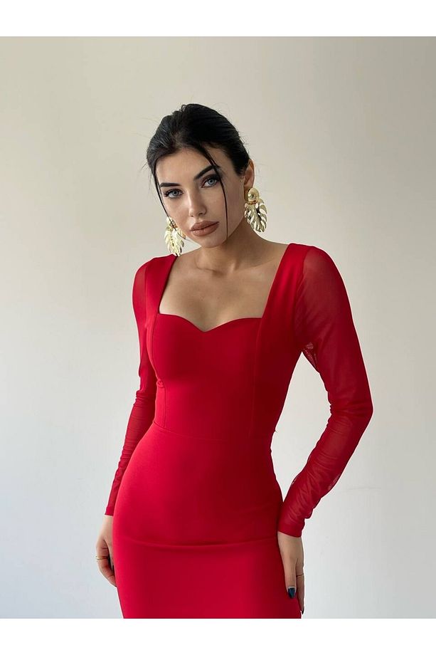 Kolları Tül Midi Elbise - 2