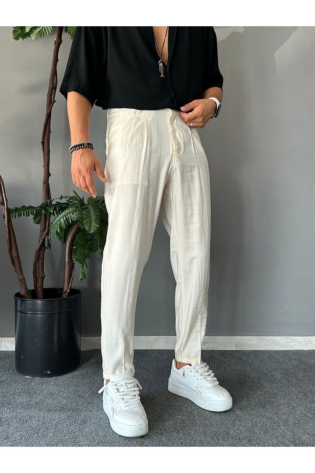 Basic Kumaş Krem Pantolon - 1