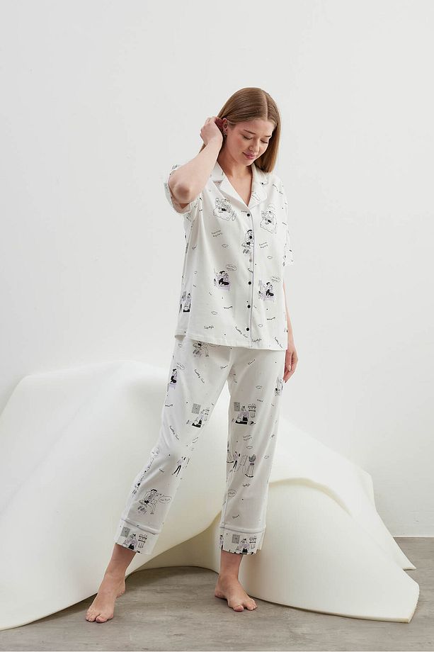 Kadın Plus Size Pamuklu Kısa Kollu Gömlek Uzun Pijama Takımı - 5
