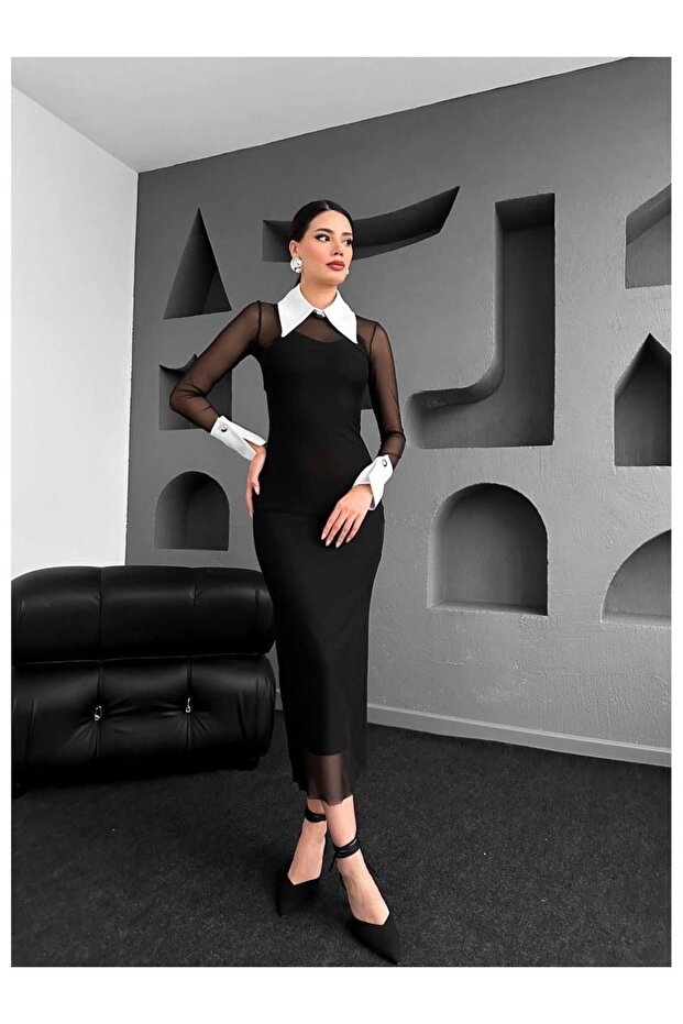 ÇIKARILABİLİR YAKA VE KOL DETAYLI SİYAH MİDİ TÜL ELBİSE - 1