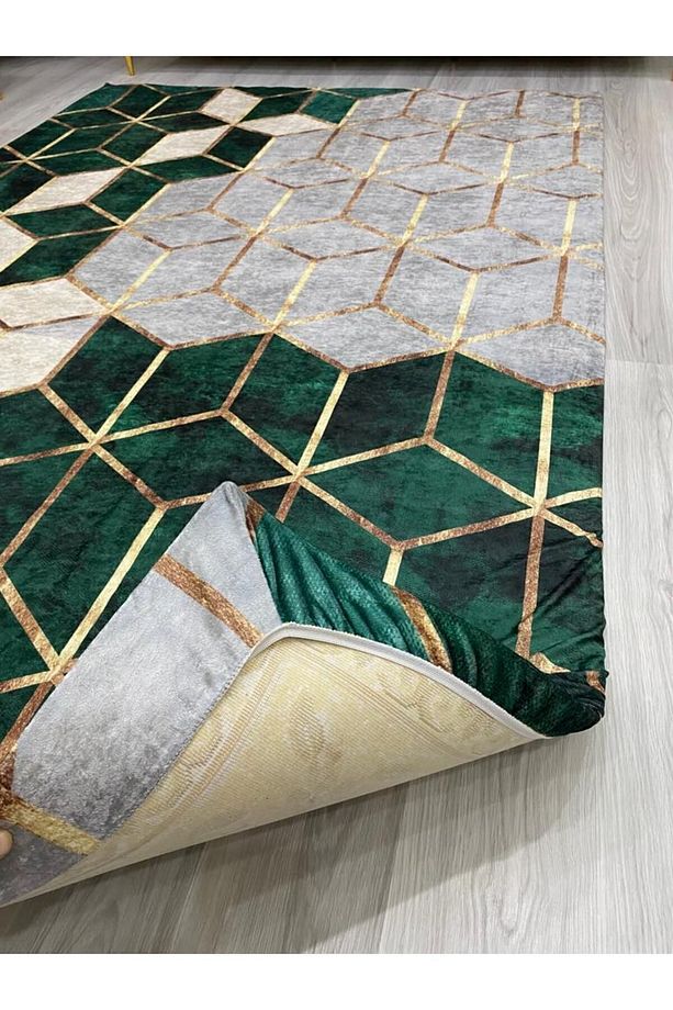 Kadife 4 M2 Ve 6 M2 Seçenekli Lastikli Halı Örtüsü Petek-Yeşil ORT367 - 1