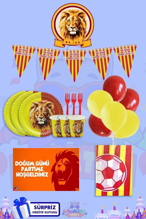 Taraftar Seti 8 Kişilik Sarı Kırmızı Afişli Ve Sürpriz Hediye Kutulu Doğum Günü Parti Seti - 1