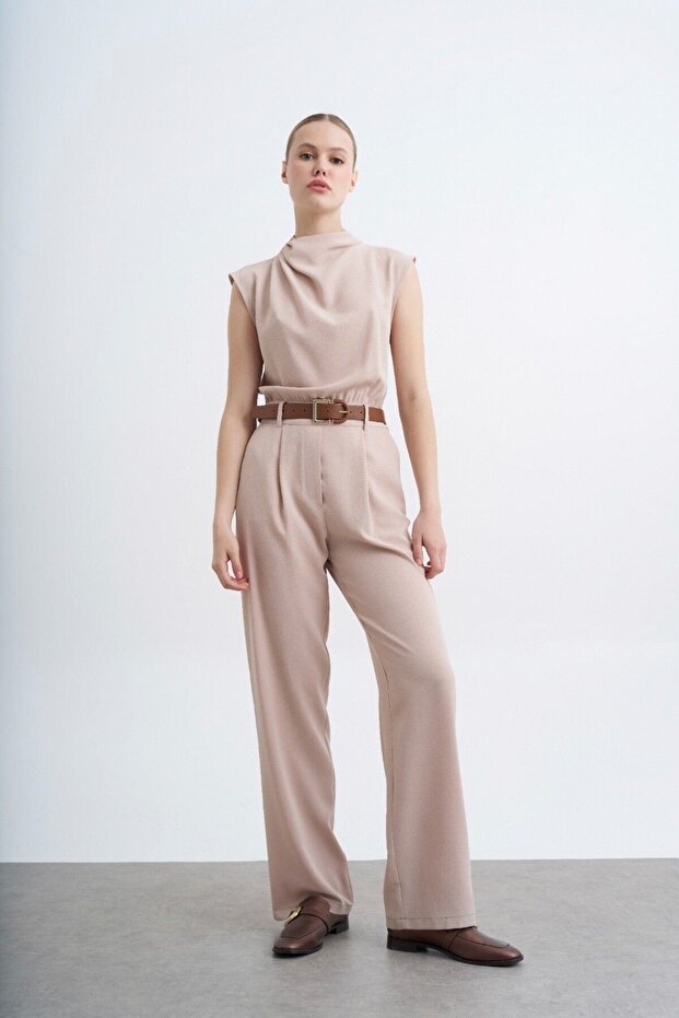 Women's Belted Stone Color Jumpsuit 51023