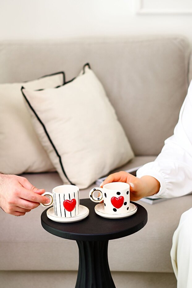 2-Piece Turkish Coffee Cup Set with Dots and Striped Hearts / Ceramic 2-Piece Cup Set