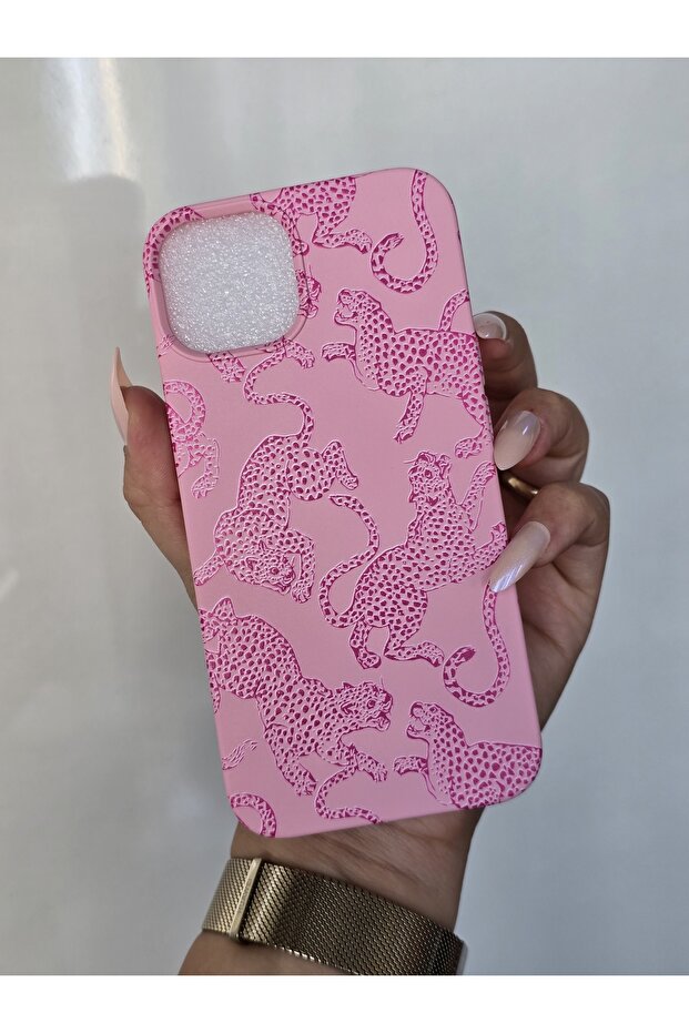 حافظة متوافقة مع هاتف Iphone 15 مخملية داخلية بطبعة الفهد - 3