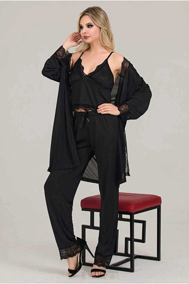 3-lü dantelli sabahlık takım - 1