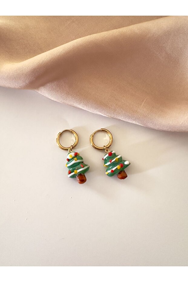 Steel Hoop Glass Murano Christmas Tree Earrings
