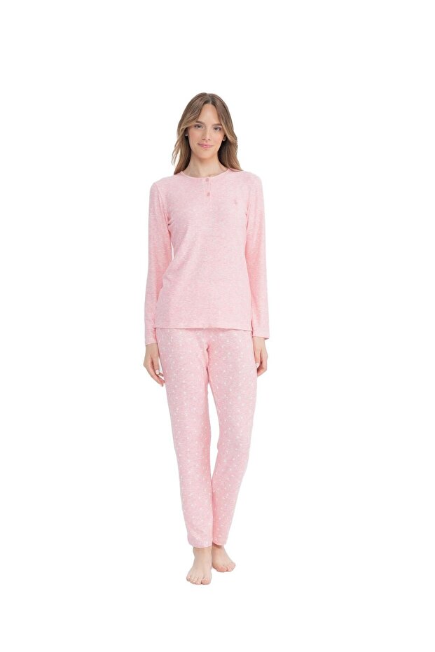 U.S. Polo Assn. 17099 Women's Long Sleeve Lapel Button Sleepwear Set-Pink