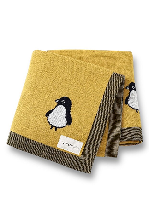 Knitted Baby Blanket for Baby Girl and Boy 85cm X85Cm Mustard Penguş