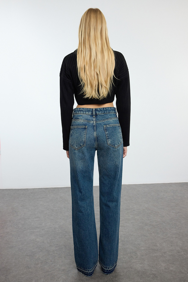 Koyu Mavi Yırtıklı Normal Bel Wide Leg Geniş Paça %100 Pamuk Non-Stretch Jeans TWOAW25JE00203 - 5