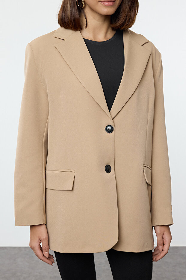 Bej Oversize Dokuma Blazer Ceket TWOAW24BC00107 - 3