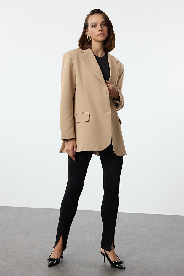 Bej Oversize Dokuma Blazer Ceket TWOAW24BC00107 - 2