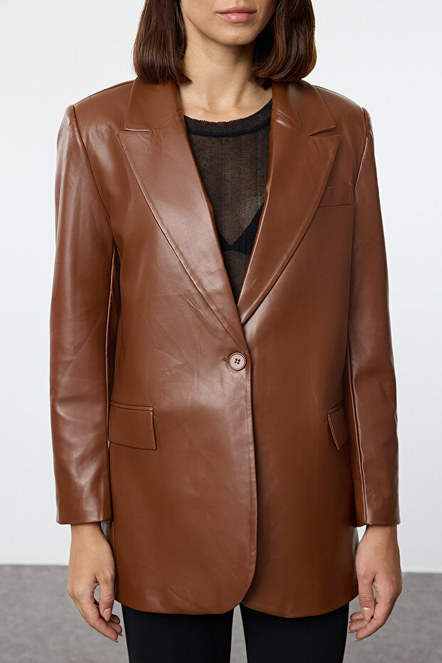 Kahverengi Oversize Suni Deri Dokuma Blazer Ceket TWOSS23BC00049 - 5