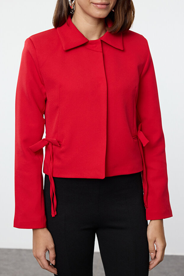 Kırmızı Fiyonk/Kurdele Detaylı Gömlek Yakalı Crop Dokuma Yılbaşı Blazer Ceket TWOAW25BC00018 - 2