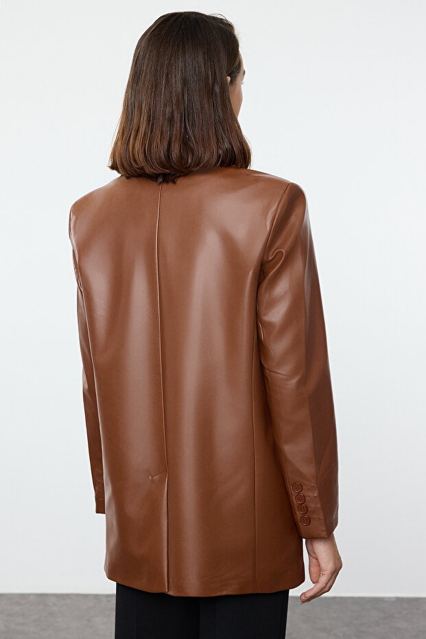 Kahverengi Oversize Suni Deri Dokuma Blazer Ceket TWOSS23BC00049 - 7
