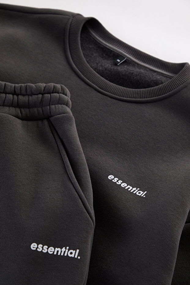 Büyük Beden Antrasit Regular/Normal Kesim Baskılı Sweatshirt-Eşofman Altı Takım TMNAW25TS00001 - 8