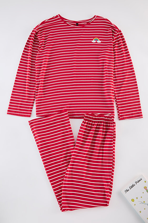 Kırmızı Çizgili Gökkuşağı Baskılı Viskon Örme Pijama Takımı THMAW25PT00014 - 6