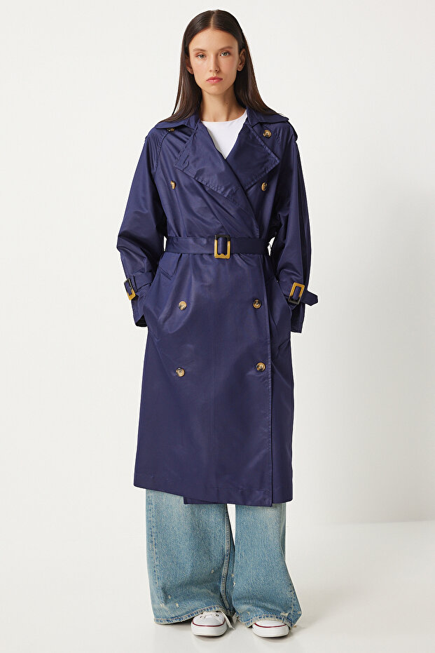 Marineblauer Trenchcoat für Damen mit Schnalle – mit Gürtel, Saisonal FN03292 - 4