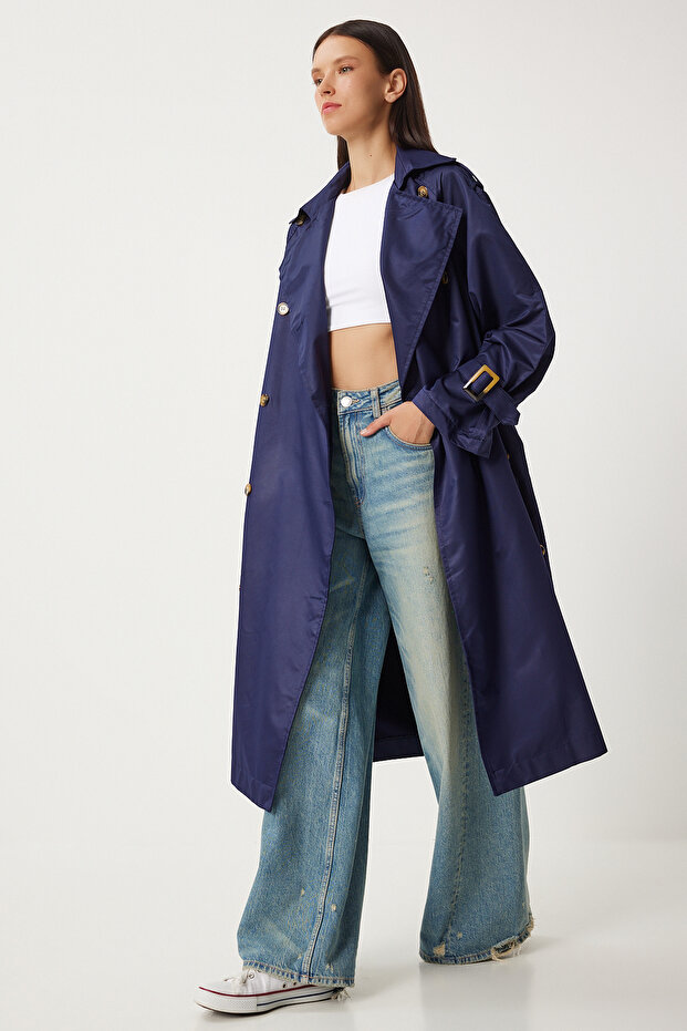 Marineblauer Trenchcoat für Damen mit Schnalle – mit Gürtel, Saisonal FN03292 - 3