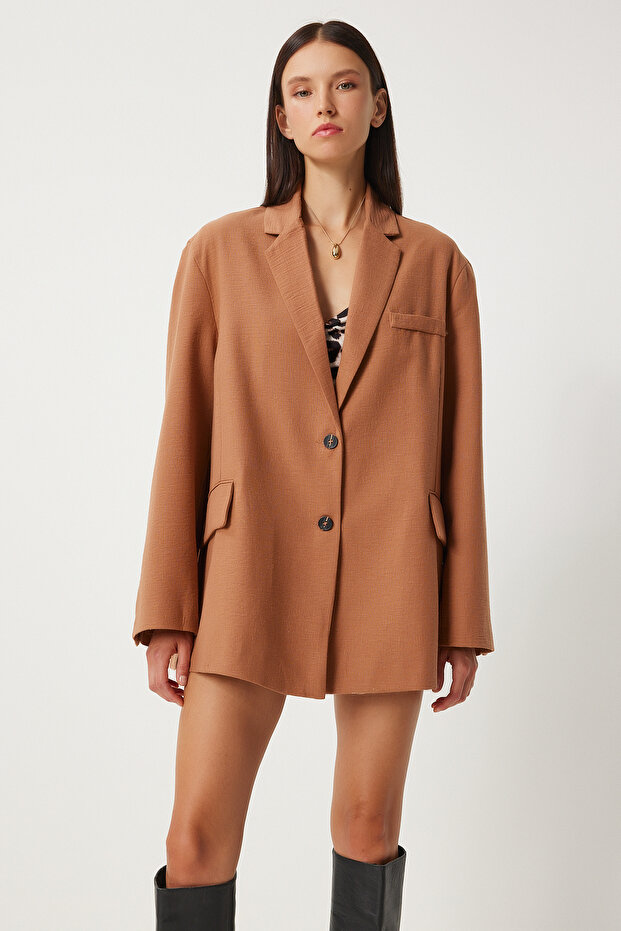 Women's Camel Shawl Collar Oversize Linen Blazer Jacket Fn03291