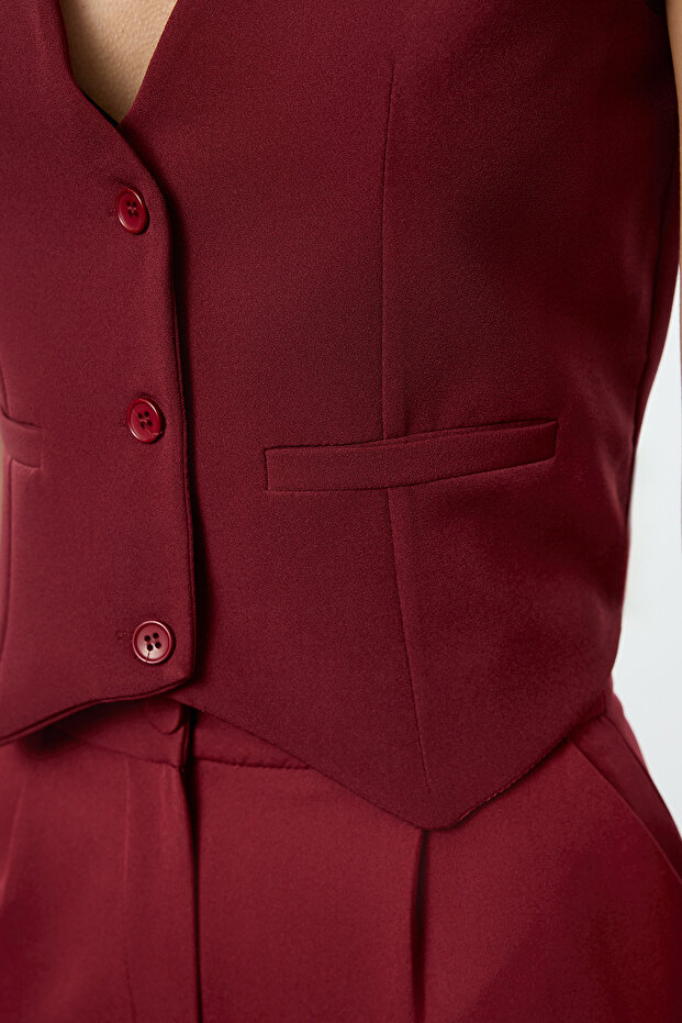 Bordo Düğmeli Crop Dokuma Yelek TWOSS22YE0053 - 5