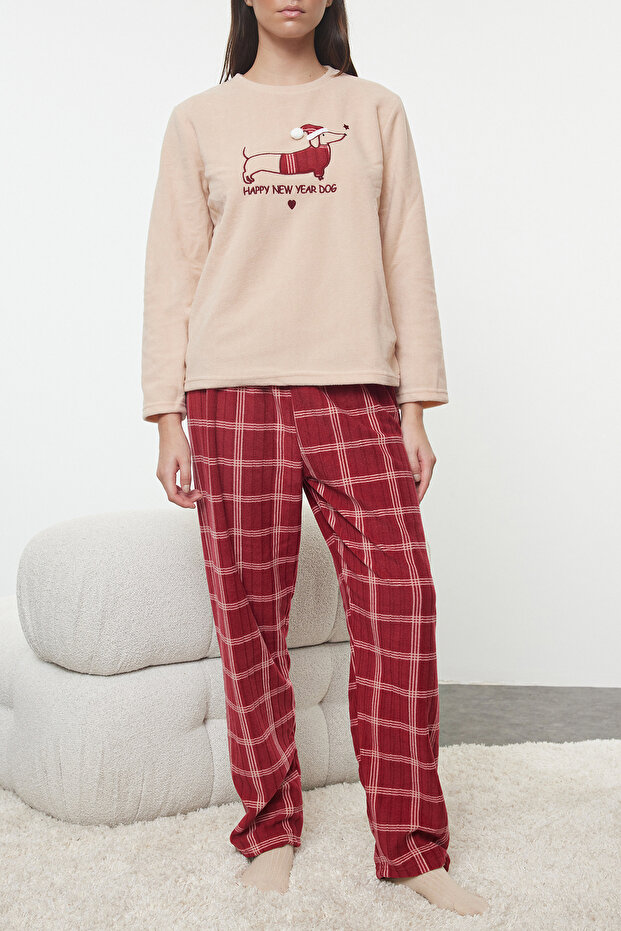 Somon Ekoseli Yılbaşı Temalı Polar Kışlık Örme Pijama Takımı THMAW25PT00137 - 3