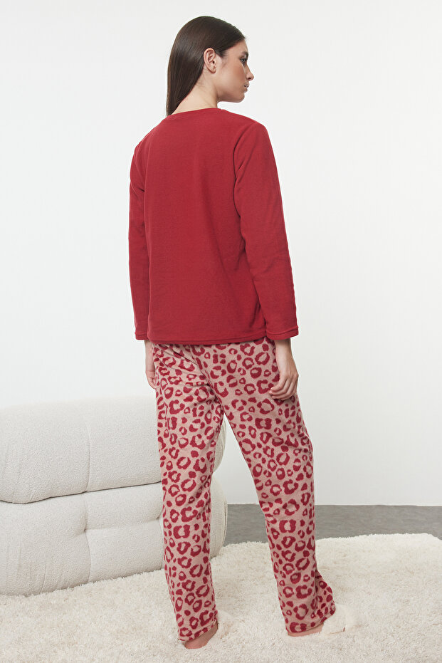 Kırmızı Leopar Desenli Polar Kışlık Örme Pijama Takımı THMAW25PT00123 - 5