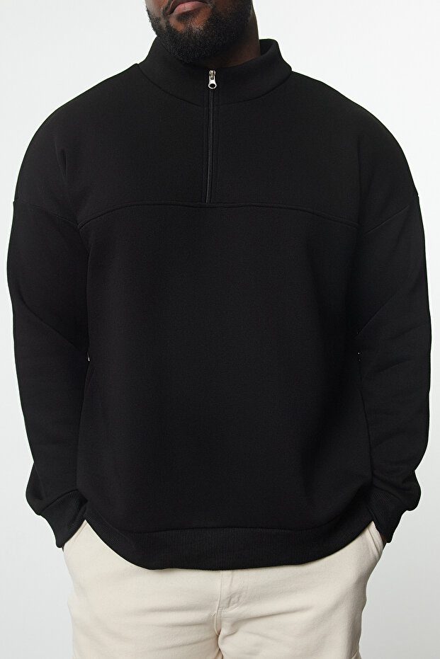 Büyük Beden Siyah Oversize/Geniş Kesim Fermuarlı Sweatshirt TMNAW25AO00028 - 3