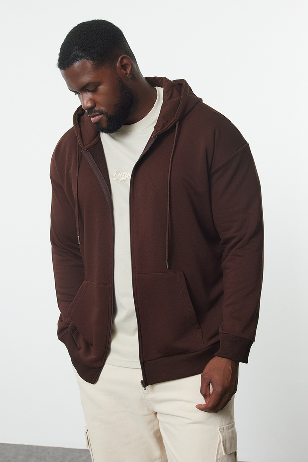 Kahverengi Büyük Beden Oversize Basic Kapüşonlu Fermuarlı İçi Polar Pamuk Sweatshirt TMNAW24AO00003 - 1