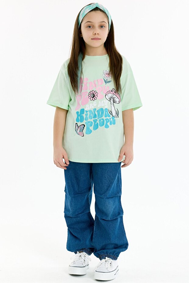 100% Cotton Glitter Printed Girl's T-shirt - Green