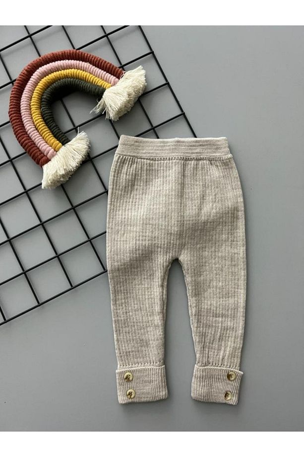 Taş Rengi Yüksek Bel Düğme Detaylı Unisex Triko Fitilli Esnek Tayt - 3 Ay Ile 6 Yaş Arası - 2