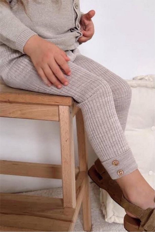 Taş Rengi Yüksek Bel Düğme Detaylı Unisex Triko Fitilli Esnek Tayt - 3 Ay Ile 6 Yaş Arası - 1