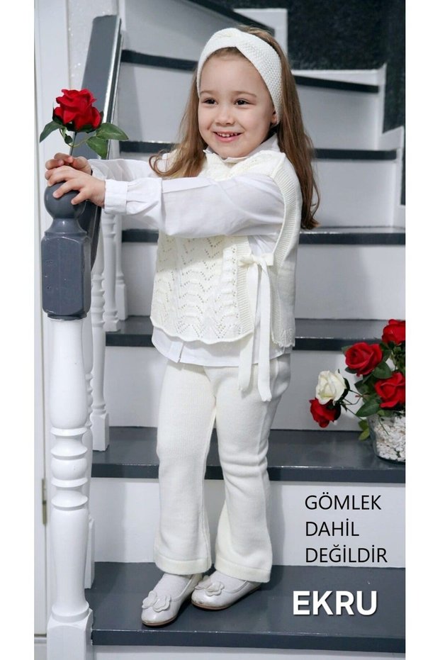Girl's 3-Piece Knitwear Set with Hair Band, Trousers, Open Sides and Tie Detail, Openwork Knitted Sweaters