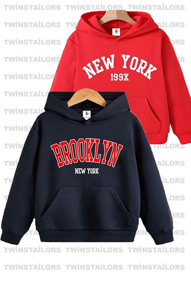 Brooklyn-Newyork Printed Unisex Double Pack Navy Blue-Red Hooded Children's Sweatshirt Hoodie