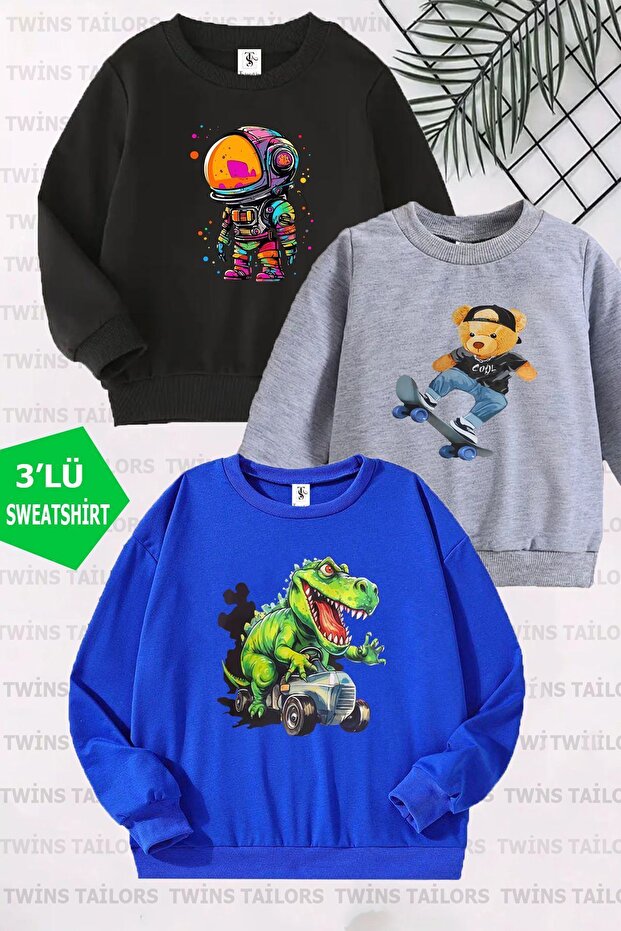 Dinosaur Printed 3-Pack Unisex Cobalt Blue-Grey-Black Crew Neck Kids Sweatshirt