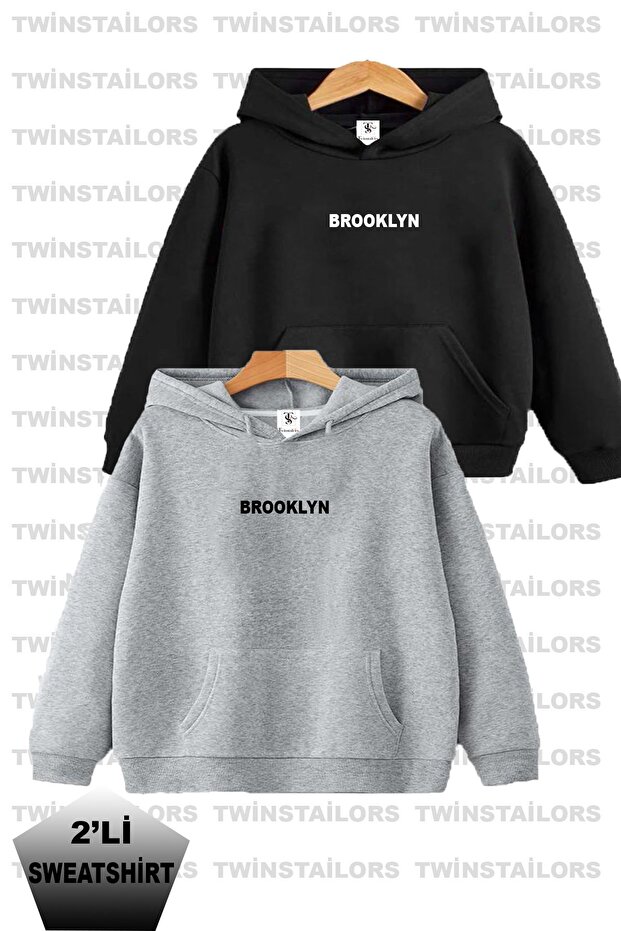 Brooklyn Printed Unisex Double Pack Grey-Black Hooded Kids Sweatshirt Hoodie