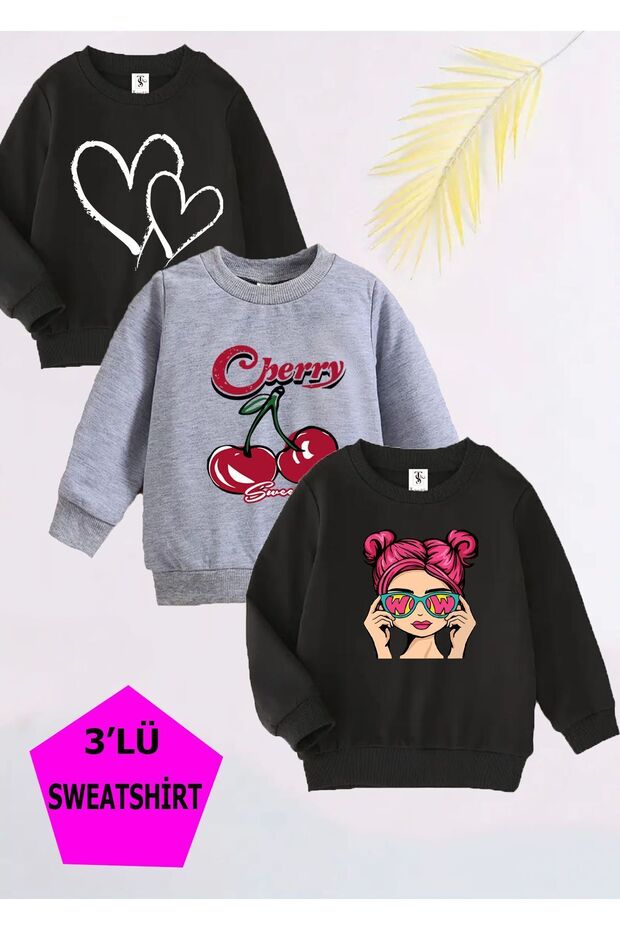 Girl's Printed Black-Grey-Black Triple Crew Neck Sweatshirt with Fleece Inside