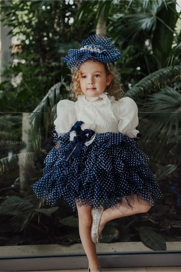 Custom Design Girls' Polka Dot Dress, Short Girls' Dress, Children's Formal Dress with Hair Accessory