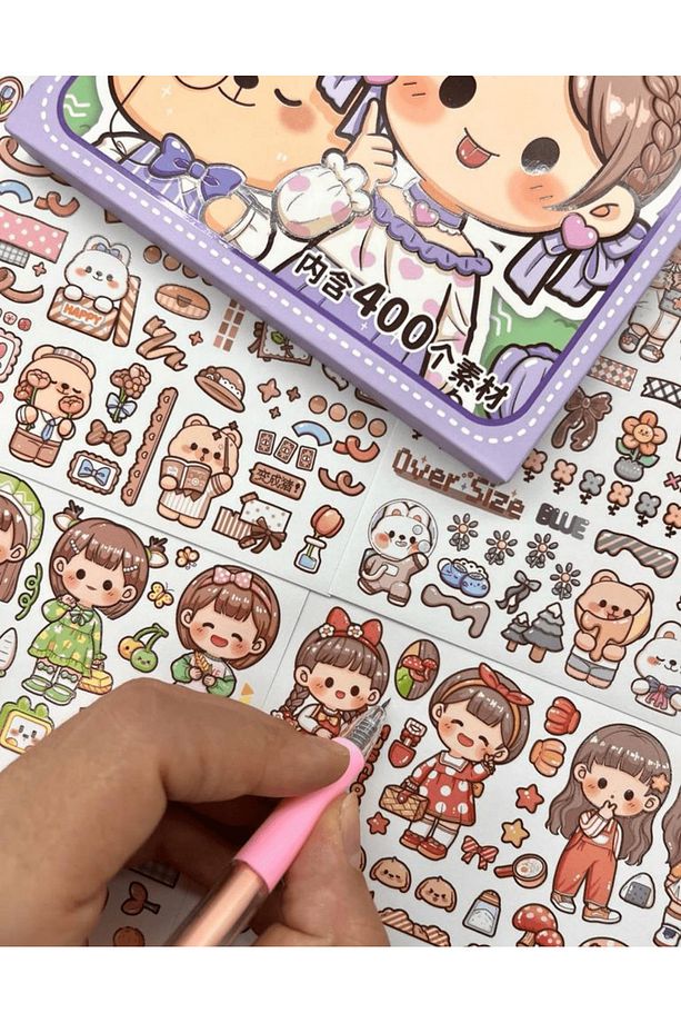 Sevimli Kız Ve Ayı Mor Kutu 12 Yaprak Sticker 4 Yaprak Desenli Kağıt / Çıkartma / Bullet Journal - 5