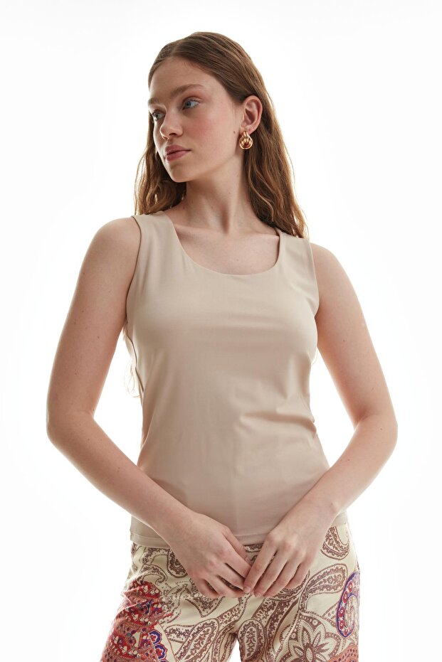 Kalın Askılı Basic Bluz Bej - 1