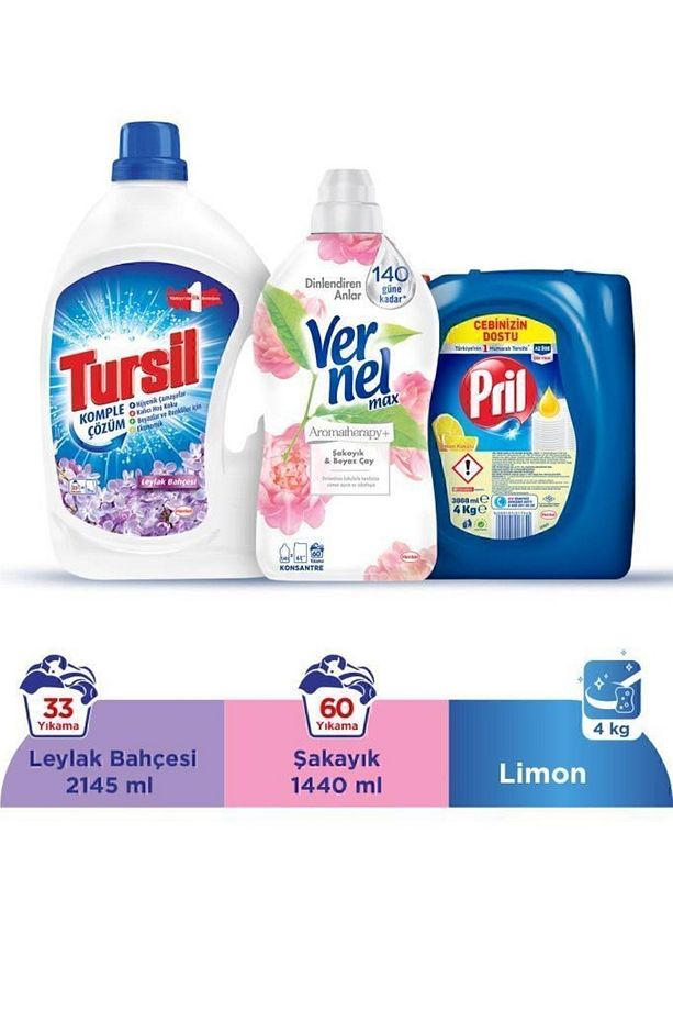 Sıvı Ç. Deterjanı 2145ml Leylak Vernel Yumuşatıcı 1,44l Şakayık Pril B. Deterjan 4kg Limon - 1