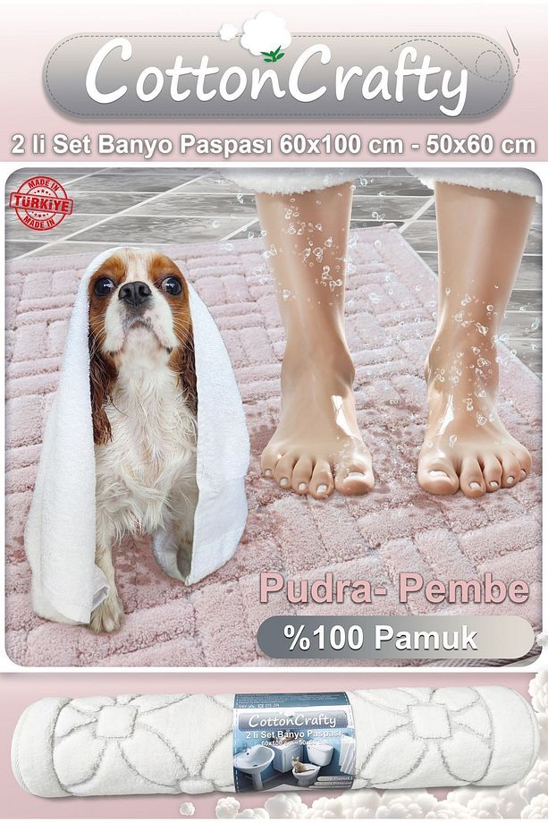 %100 Pamuk Dokuma Banyo Paspas Seti, Banyo Halısı Domino 2 Li Set 60x100 - 60x50 - 2