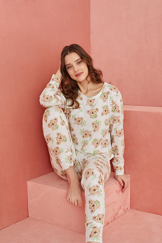 Ekru Koala Desenli Uzun Kollu Örme Pijama Takım - 1