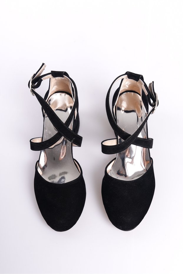 New Season Black Suede Buckled Cross-Strap Girls' Heeled Shoes