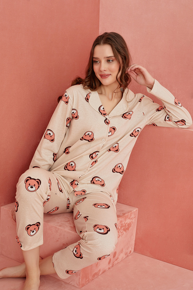 Beige Bear Patterned Long Sleeve Knitted Buttoned Front Pajama Set