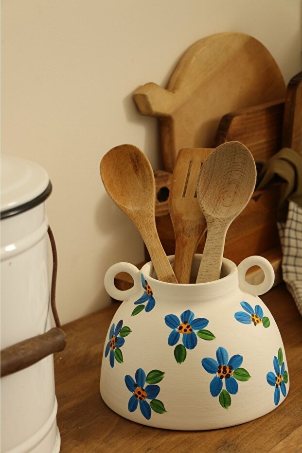 مزهرية سيراميك مزخرفة مصنوعة يدويًا بنمط الأقحوان الأزرق وحامل ملعقة سيراميك - 5