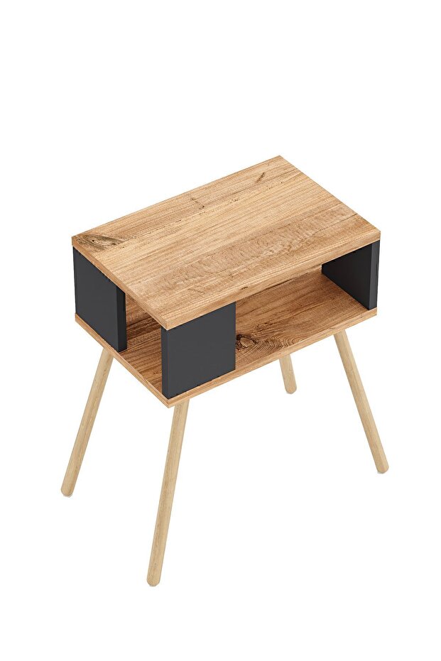 Ahşap Ayaklı Dekoratif Raflı Komodin - Atlantik Çam - Antrasit Gri - 7